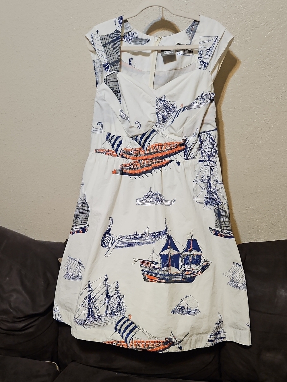 Sleeveless White Nautical Print Midi Dress with Blue and Orange Accents